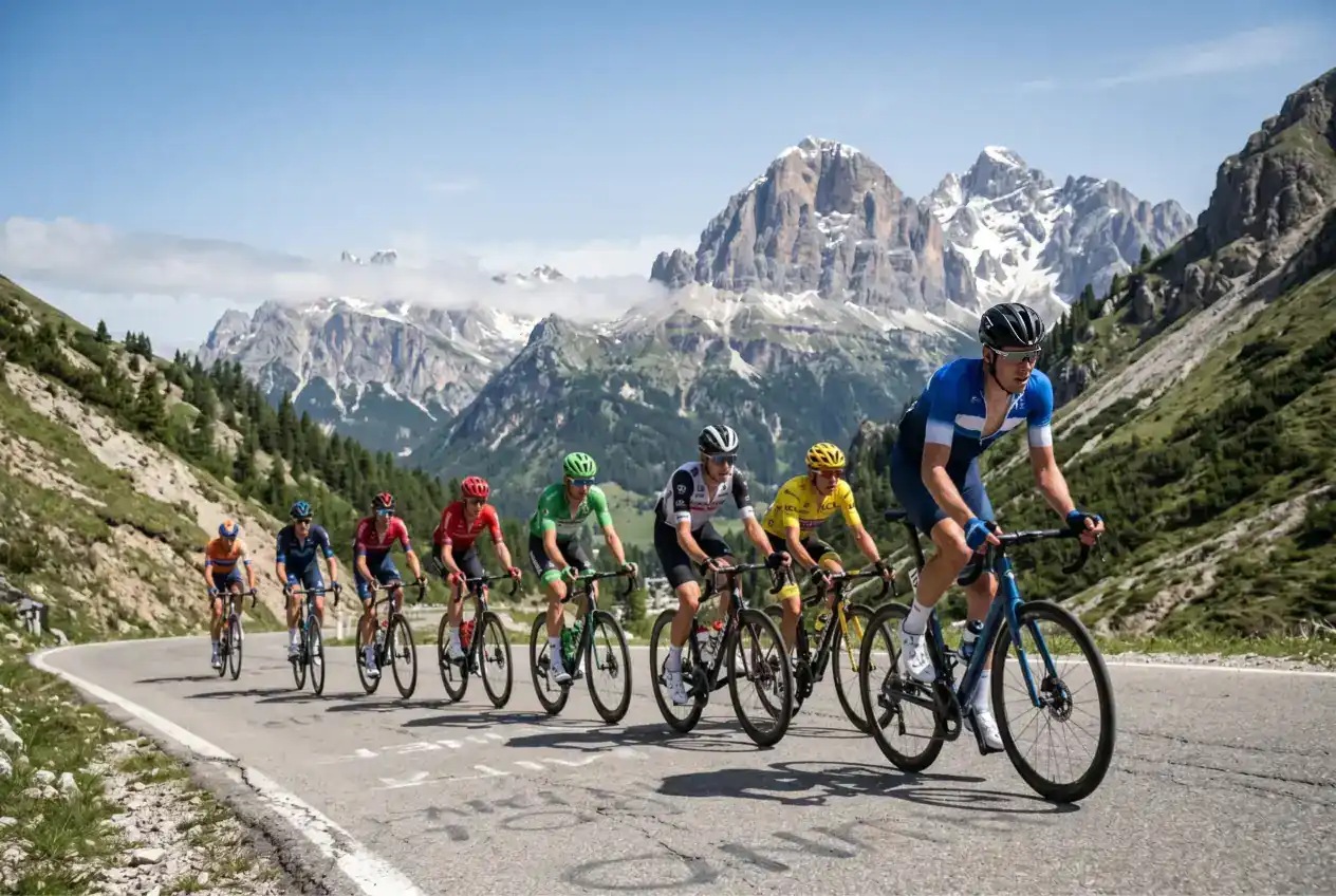 Gruppo di ciclisti professionisti in maglia World Tour affronta una salita di alta montagna durante una tappa del calendario UCI