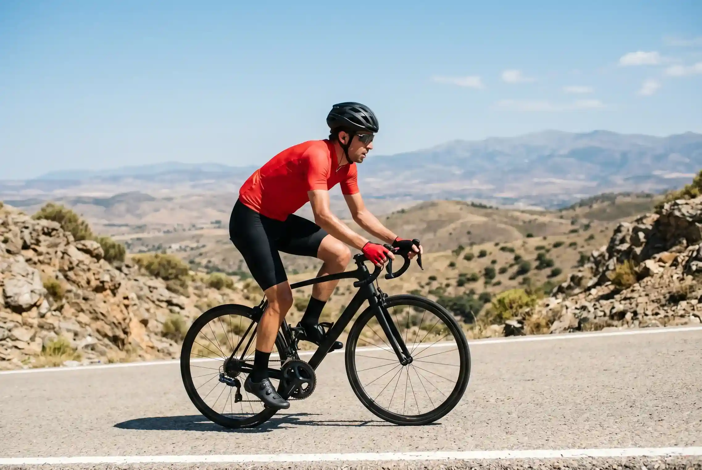 Ciclista con la maglia roja della Vuelta a Espana che affronta una salita ripida spagnola